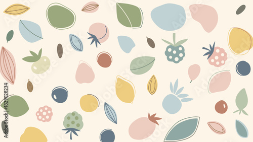 Seamless pattern of abstract pastel colored berries and leaf elements on light background