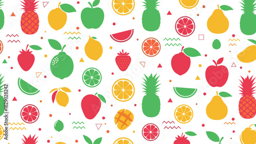 Vibrant seamless pattern of colorful fruit silhouettes on a for summer design
