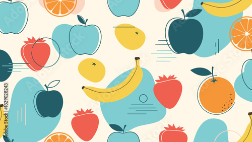Seamless pattern of stylized colorful fruit shapes including apple, banana, orange, and strawberry
