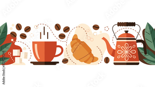Flat illustration of a steaming coffee cup, croissant, and kettle for breakfast concept