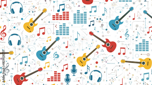 Seamless pattern with colorful electric guitar, headphone, music note, and equalizer icon