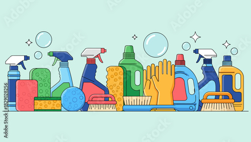 Collection of various cleaning supplies, detergents, sponges, and protective gloves for household chore illustration