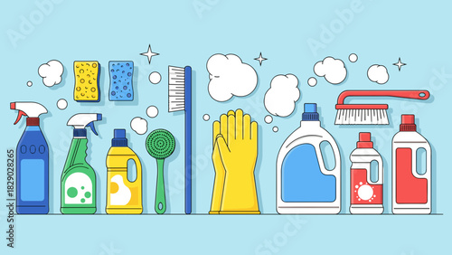 Collection of various household cleaning supplies and tools arranged against a light blue background