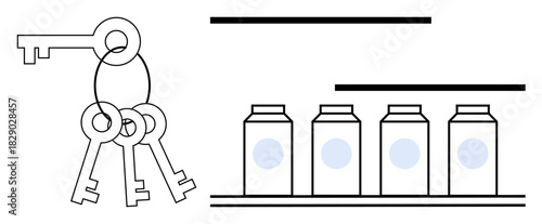Cluster of keys with four containers arranged on parallel shelves. Ideal for storage, security, organization, inventory, management, minimalism, simple flat metaphor