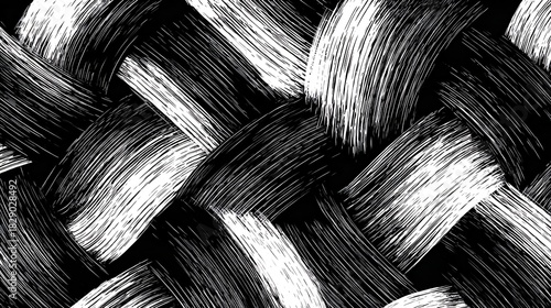 Close-up of woven black and white fibers creating a textured pattern.