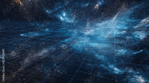 Abstract cosmic background with blue nebula and grid lines suggesting space or technology.
