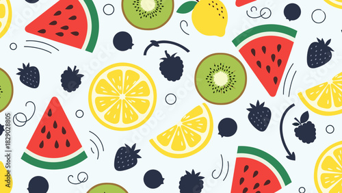 Seamless pattern with colorful slices of watermelon, lemon, and kiwi fruit on white