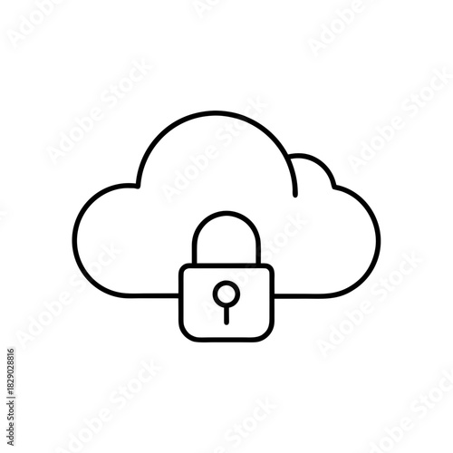 Outline of a cloud with a padlock in front of it on transparent background