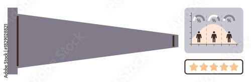 Funnel narrowing toward data chart with percentage and demographics of individuals, and a five-star rating panel. Ideal for customer satisfaction, analytics, decision-making, business performance