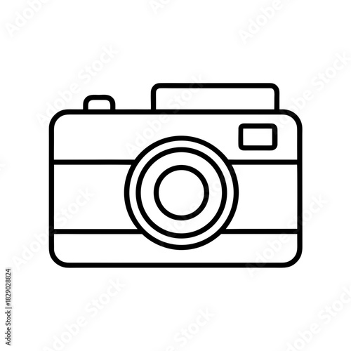 Simple line drawing of a camera with lens and flash on transparent background