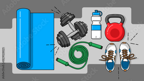 Collection of fitness equipment including a yoga mat, dumbbell, kettlebell, jump rope, and sneaker
