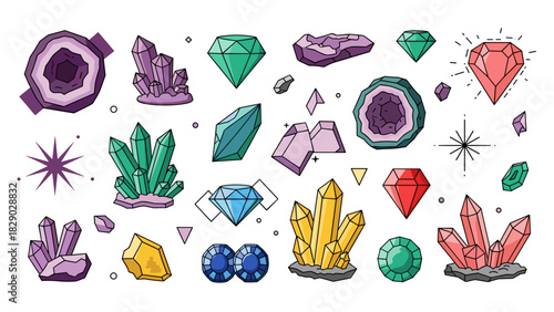 Collection of various colorful cartoon gemstone and crystal mineral icons