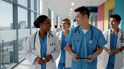 Diverse group of four medical professional doctor and nurse walking down a bright modern hospital hallway discussing work 4k video