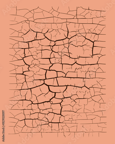 Cracks on surface, effect of dried-out, dry clay soil, and cracked plaster. Vector textured vertical illustration.