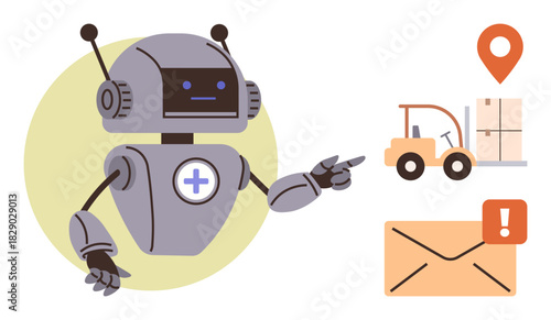 Robot analyzing logistics elements thumbs up forklifts, packages, and location markers. Ideal for automation, logistics, technology impact, delivery systems, innovation, robotics operational