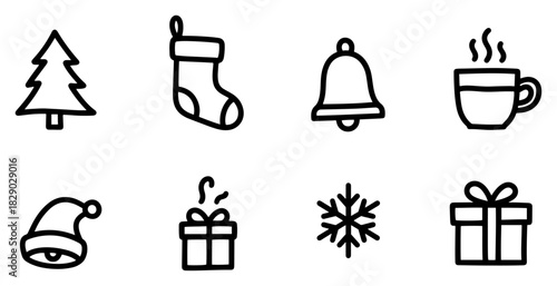 Collection of Simple Hand Drawn Christmas Icons Featuring Tree Stocking Bell and Gifts Black and White Vector Illustration