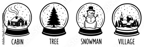 Christmas snow globe vector set with hand drawn scenes including winter cabin pine tree snowman and village