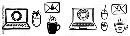 Christmas workspace vector set featuring laptop with wreath coffee mug computer mouse and holiday envelope for online shopping or office design