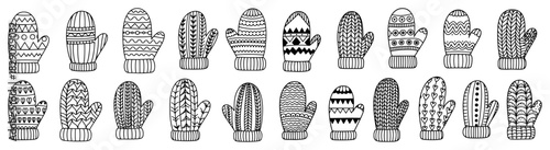 Large Collection of Patterned Winter Mittens and Knitted Gloves Black and White Vector Illustration
