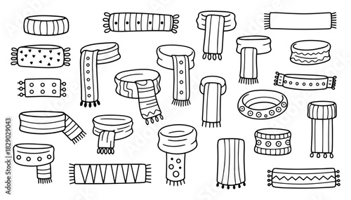 Set of Hand Drawn Winter Scarves with Fringes and Knitted Patterns Black and White Vector Illustration