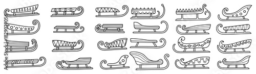 Christmas sleigh and sled vector set featuring hand drawn wooden toboggans and santa carriages for winter snow transportation