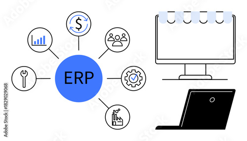 Centralized ERP concept with surrounding modules for analytics, finance, workforce, tools, quality, and production. Ideal for management, technology, strategy workflow software optimization
