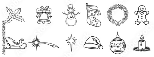 Set of Classic Hand Drawn Christmas Icons Including Snowman Bell Gingerbread Man and Sleigh Black and White Vector Illustration