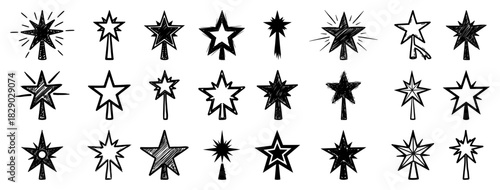 Christmas star tree topper vector set featuring hand drawn Bethlehem stars and holiday ornaments in black outline style