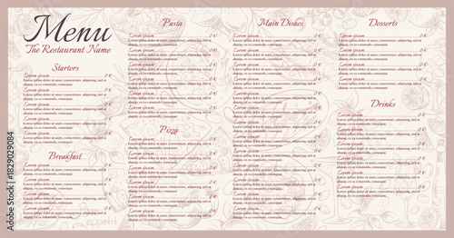 Mediterranean menu design, restaurant branding template with hand-drawn cuisine icons: pizza, spaghetti, seafood, olives, lemons. Vector modern layout for dining card or brochure