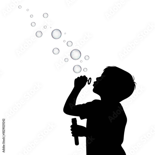 Black silhouette of a child blowing bubbles, playful and joyful outdoor scene, minimalistic whimsical style, transparent background.svg