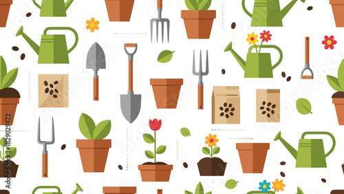 Seamless pattern of gardening tools, potted plant, flower, seed packet, and sprout on