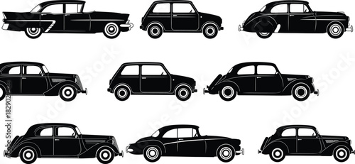 Collection of Retro Automobile Icons, Including Sedan, Hatchback, and Coupe for Transportation Design.