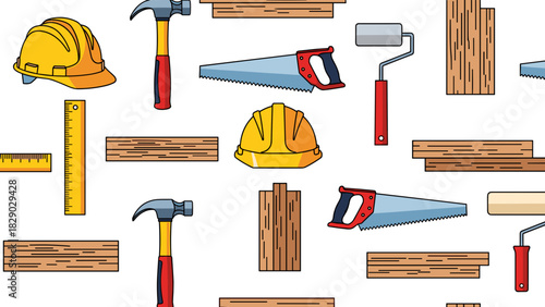 Seamless pattern of construction and carpentry tools like hammer, saw, hard hat, and wood plank