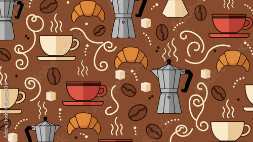 Seamless pattern with coffee cups, moka pot, croissant, sugar cube, and bean on brown background