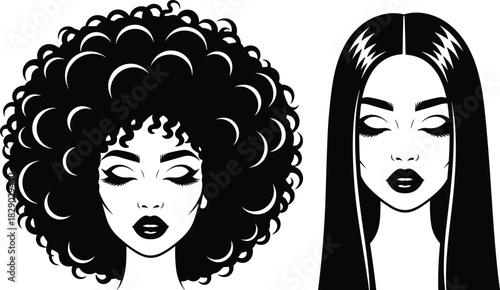 Diverse Female Portraits Vector Set with Curly Afro and Straight Hair Styles, Featuring Closed Eyes and Makeup