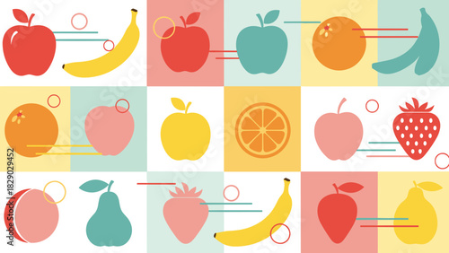 Colorful flat design pattern of various fruit icons in a grid layout for healthy eating
