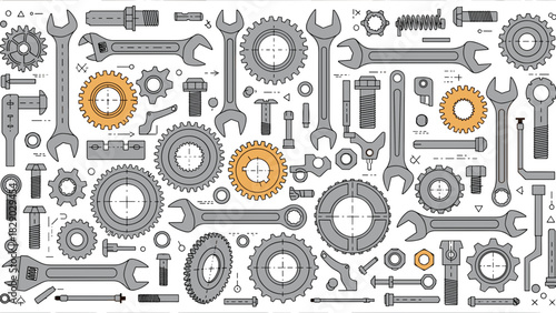 Collection of vintage mechanical engineering tools and gear components in detailed sketch style