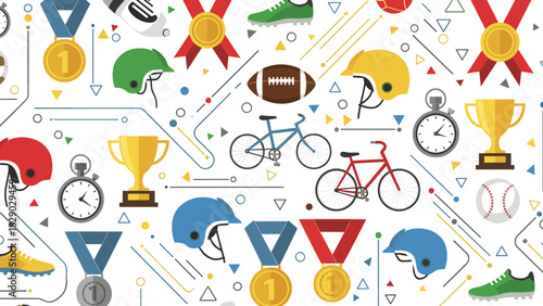 Seamless pattern of various sport equipment and achievement symbols for competition