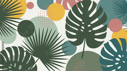 Tropical leaf pattern with monstera and palm foliage in muted pastel color palette