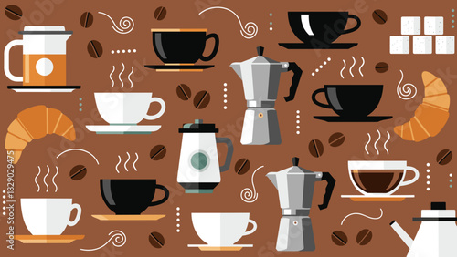 Flat design pattern of various coffee cups, moka pots, croissant, and sugar cubes on brown