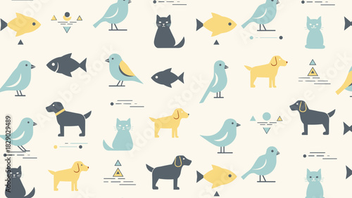 Seamless pattern with cute cartoon pets like bird, dog, cat, and fish on light background
