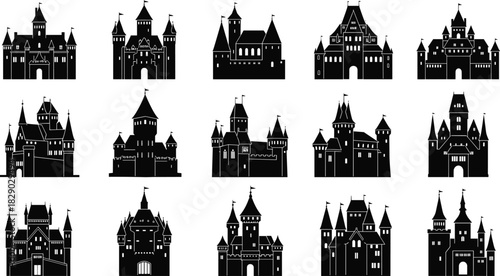 Medieval Castle Silhouettes Vector Collection with Towers, Turrets, and Flags, Ideal for Fantasy, Fairy Tale, and History Designs