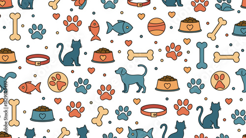 Seamless pattern with cute cartoon pet supplies, animal paw print, bone, and food bowl