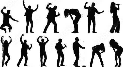 Men and Women Dancing, Jumping, and Singing with Microphones for Music Concert and Stage Shows.