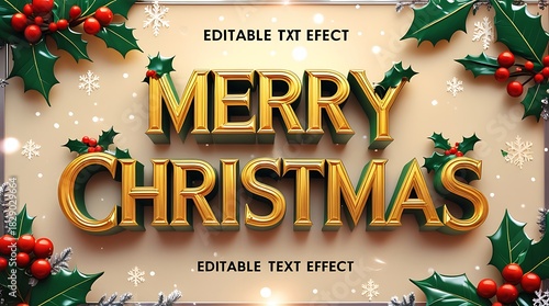 Golden merry christmas text effect with festive holiday decorations