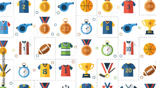 Seamless pattern of various sports equipment and apparel icons on