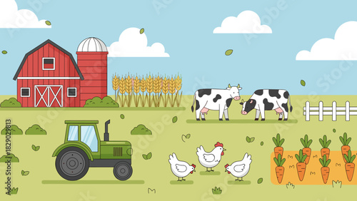 Cartoon illustration of a vibrant farm scene with a tractor, barn, silo, cows, chickens, and carrot patch