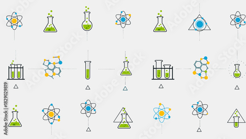Collection of science and chemistry icons featuring laboratory glassware and molecular structure