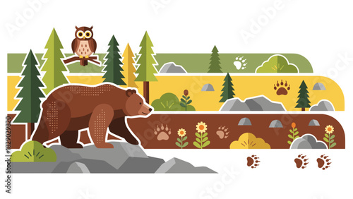 Cute cartoon brown bear walking in a layered forest landscape with owl and paw prints