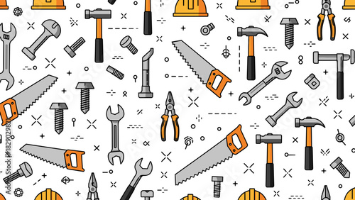 Seamless pattern of various construction and repair hand tool icons on